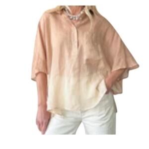Nude Linen Oversized V Neck Polo Top in Brown Ombre 36 US XS